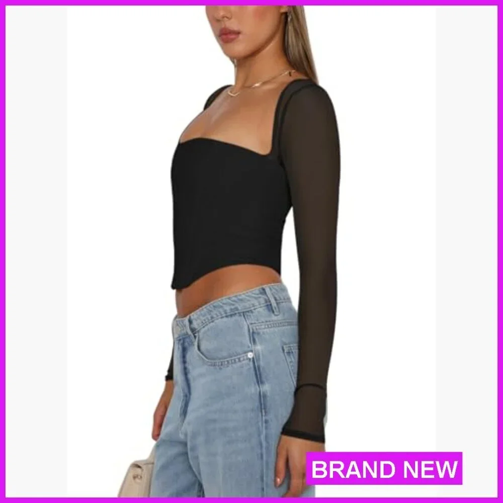 Mesh Long Sleeve Boned Corset Top Y2K Square Neck Bustier Crop Tops